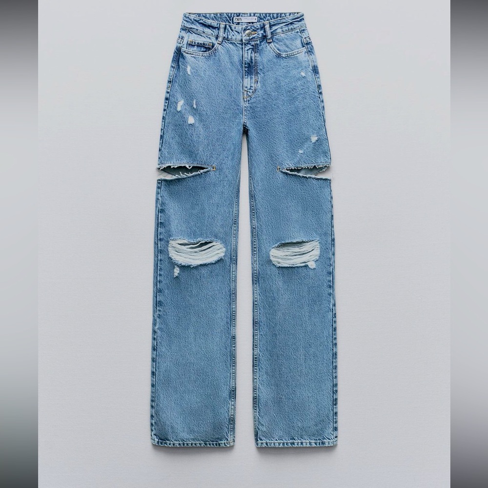 ZARA Z1975 MID WAIST RIPPED CUT OUT STRAIGHT LEG JEANS